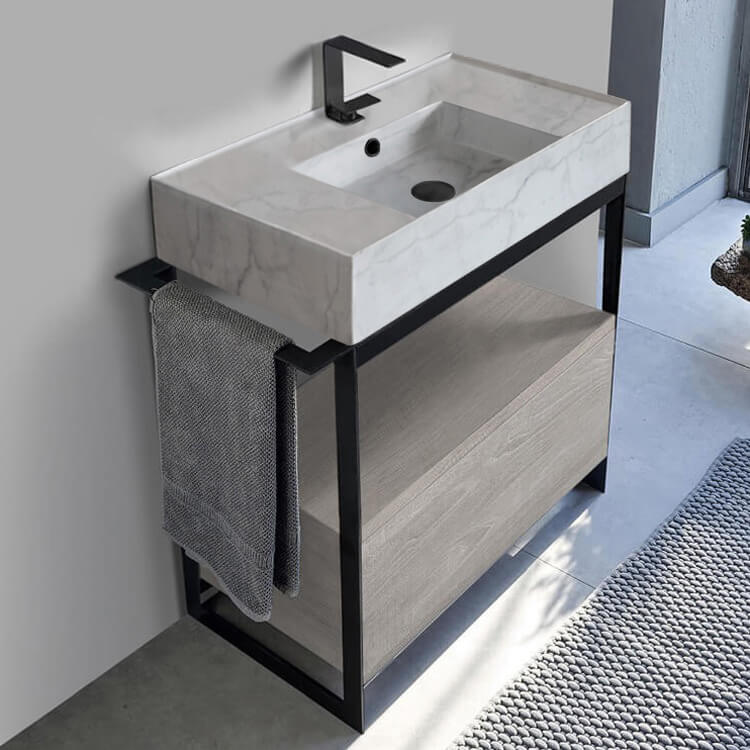 Scarabeo 5123-F-SOL1-88-One Hole Console Sink Vanity With Marble Design Ceramic Sink and Grey Oak Drawer